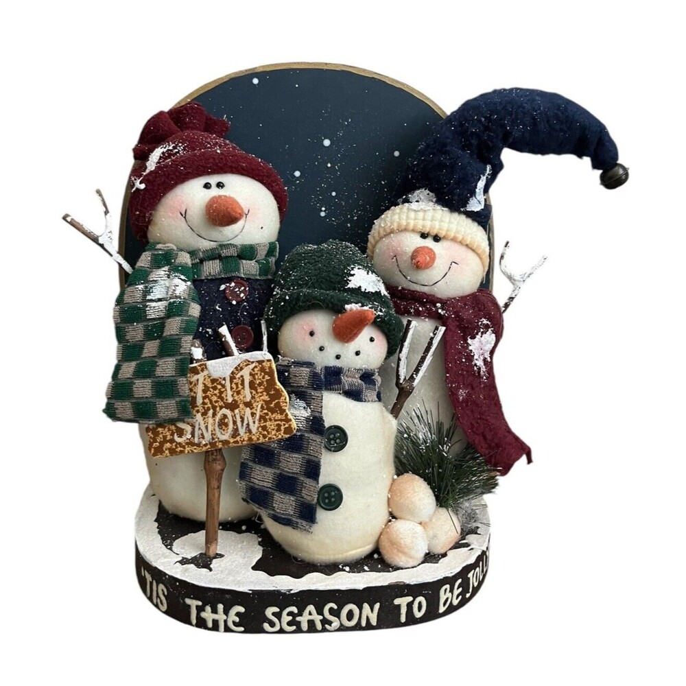 Stuffed Snowman Family Of 3 Wood Let it Snow Tis the Season Christmas Decoration